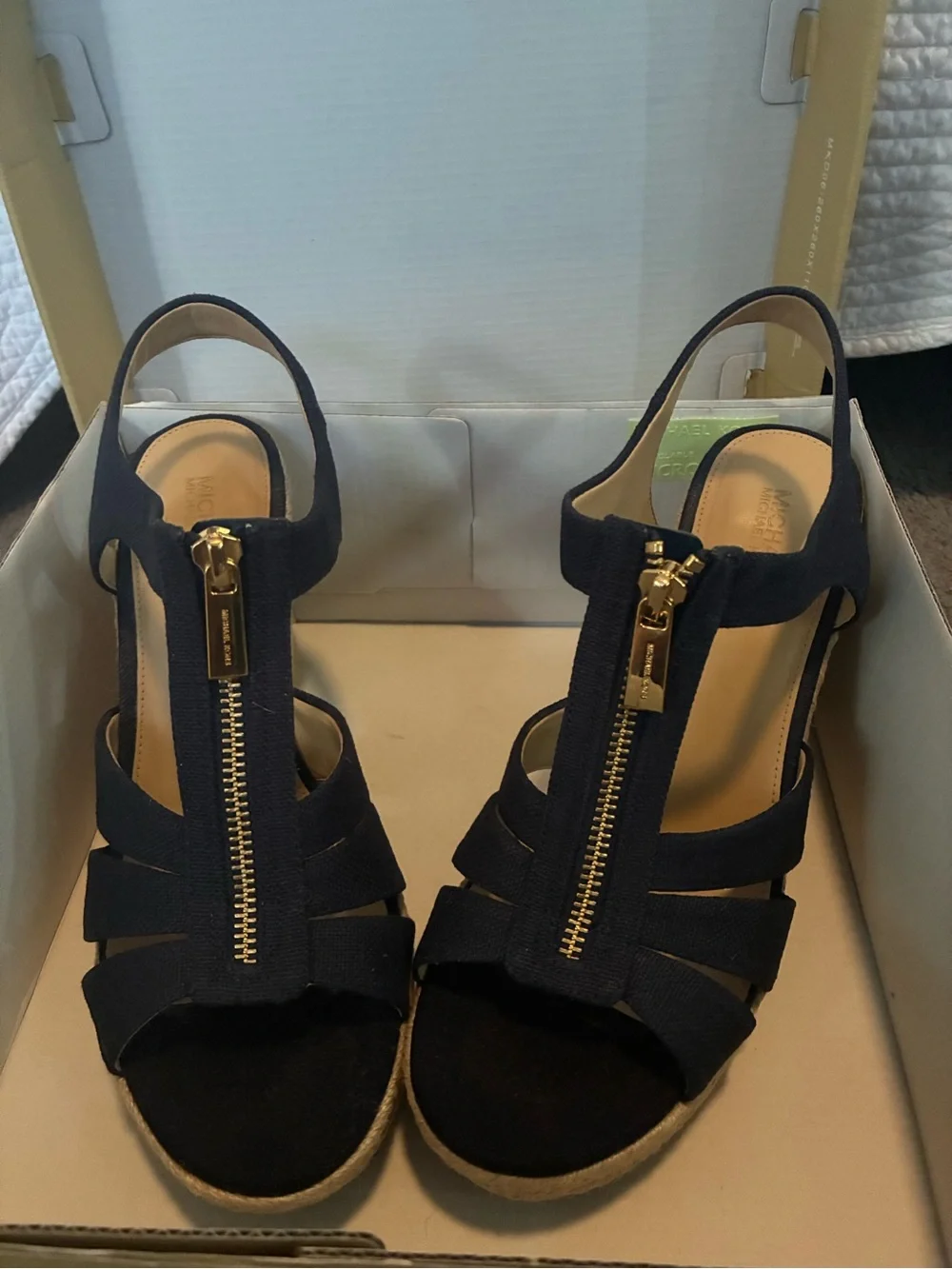 Michael Kors Navy Wedge Sandals with Gold Front Zip